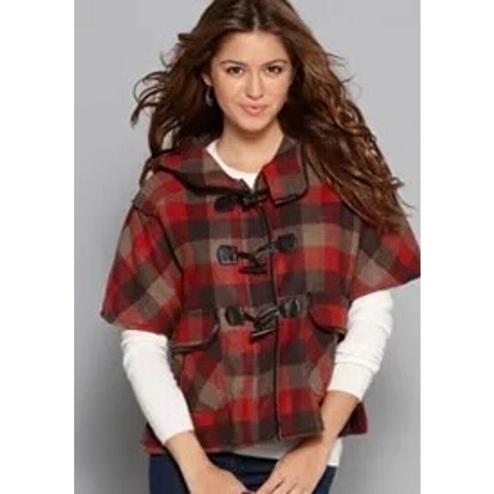 Dollhouse M Lumberjack Plaid Toggle Coat Cape Inspired Hood Front Flap Pockets